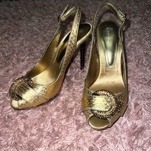 Bourne Bronze Gold Leather Slingback Peep-Toe Heels
